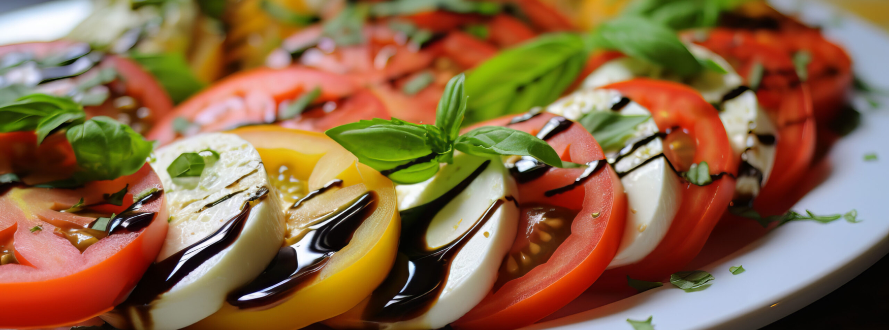 Italian caprese salad with sliced tomatoes, mozzarella cheese, basil, olive oil.